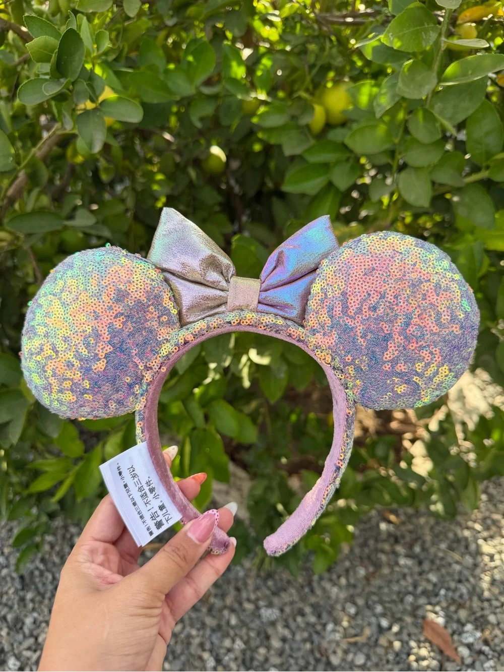 Iridescent Sequin Minnie Ears Headband with Bow - Pink Green Shift